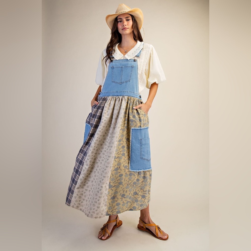 PATCHWORK DETAILING WASHED DENIM PLAID FLORAL MIX OVERALL DRESS